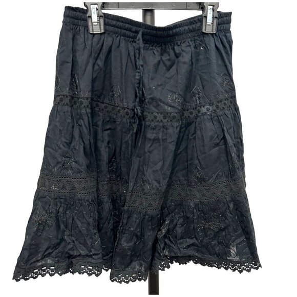 Black Embroidered Bohemian Whimsy Goth Style Skirt Lace Hem - Picture 1 of 6